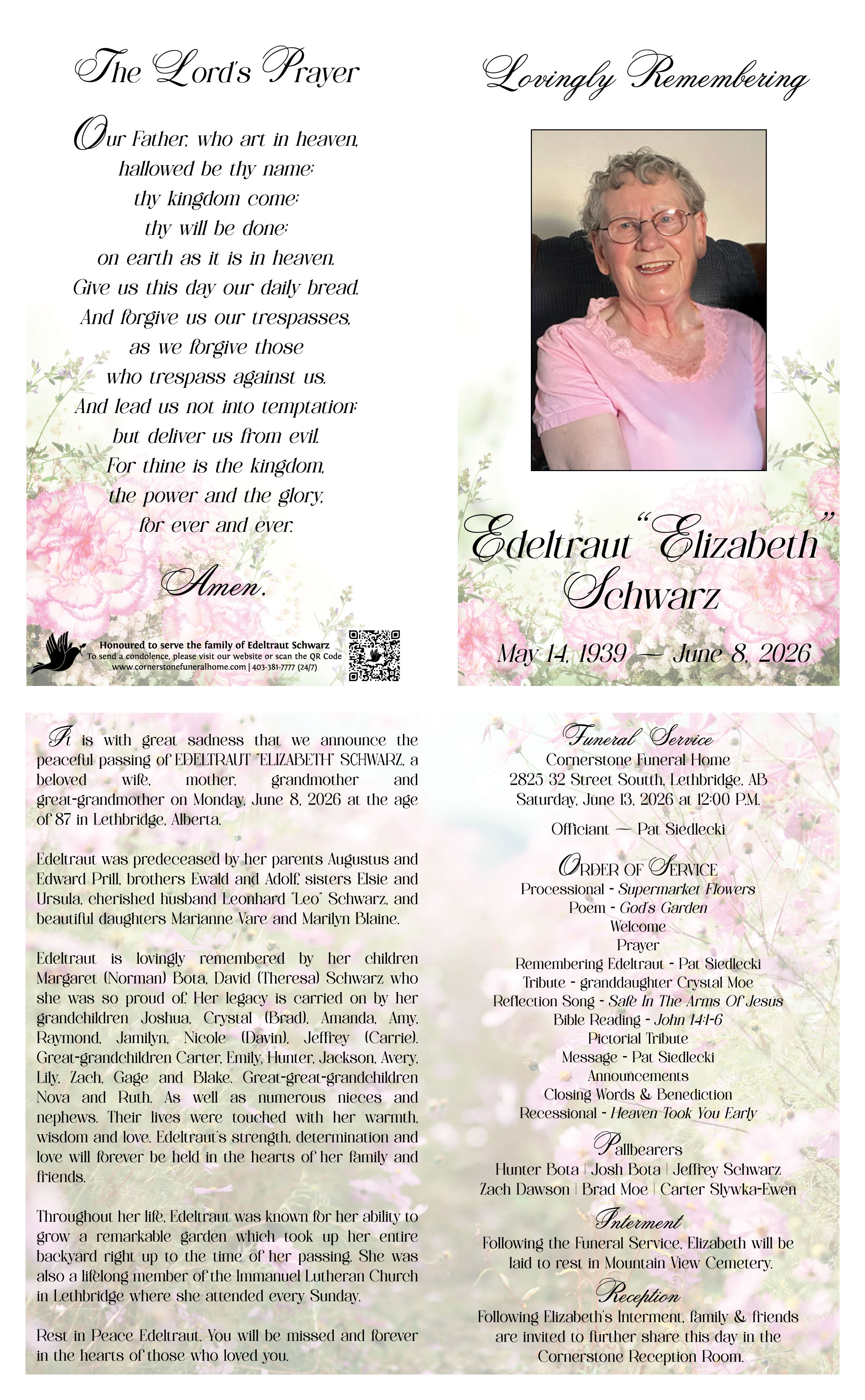 Memorial card for Edeltraut "Elizabeth" Schwarz