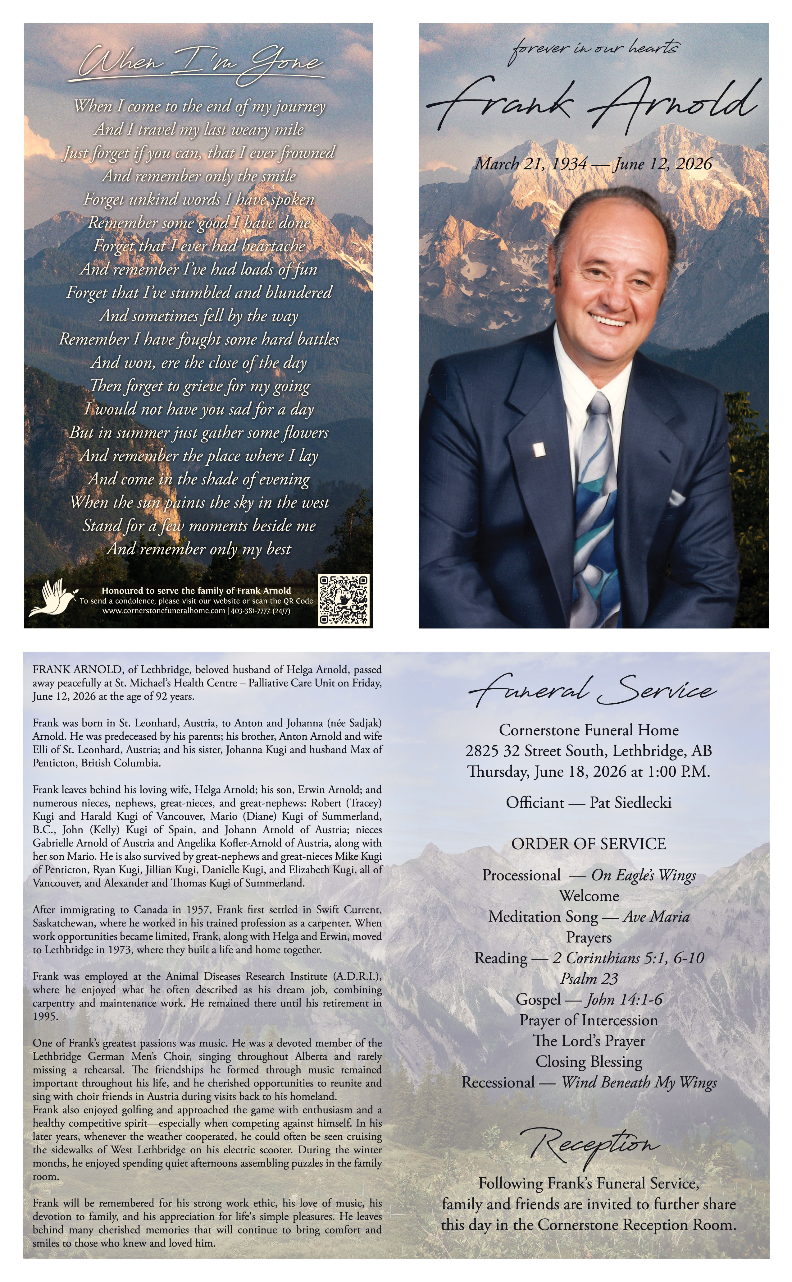 Memorial card for Frank Arnold