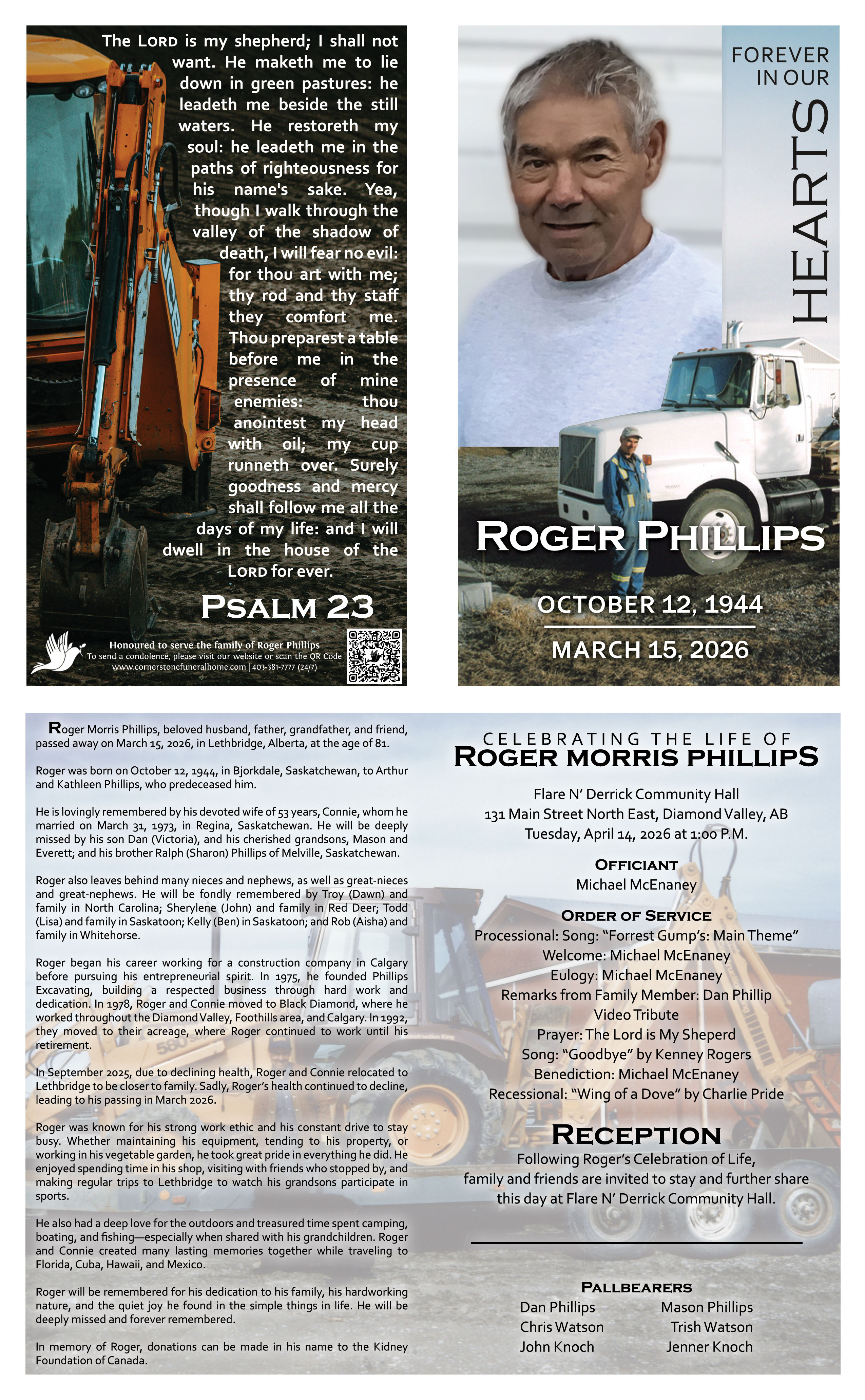 Memorial card for Roger Phillips