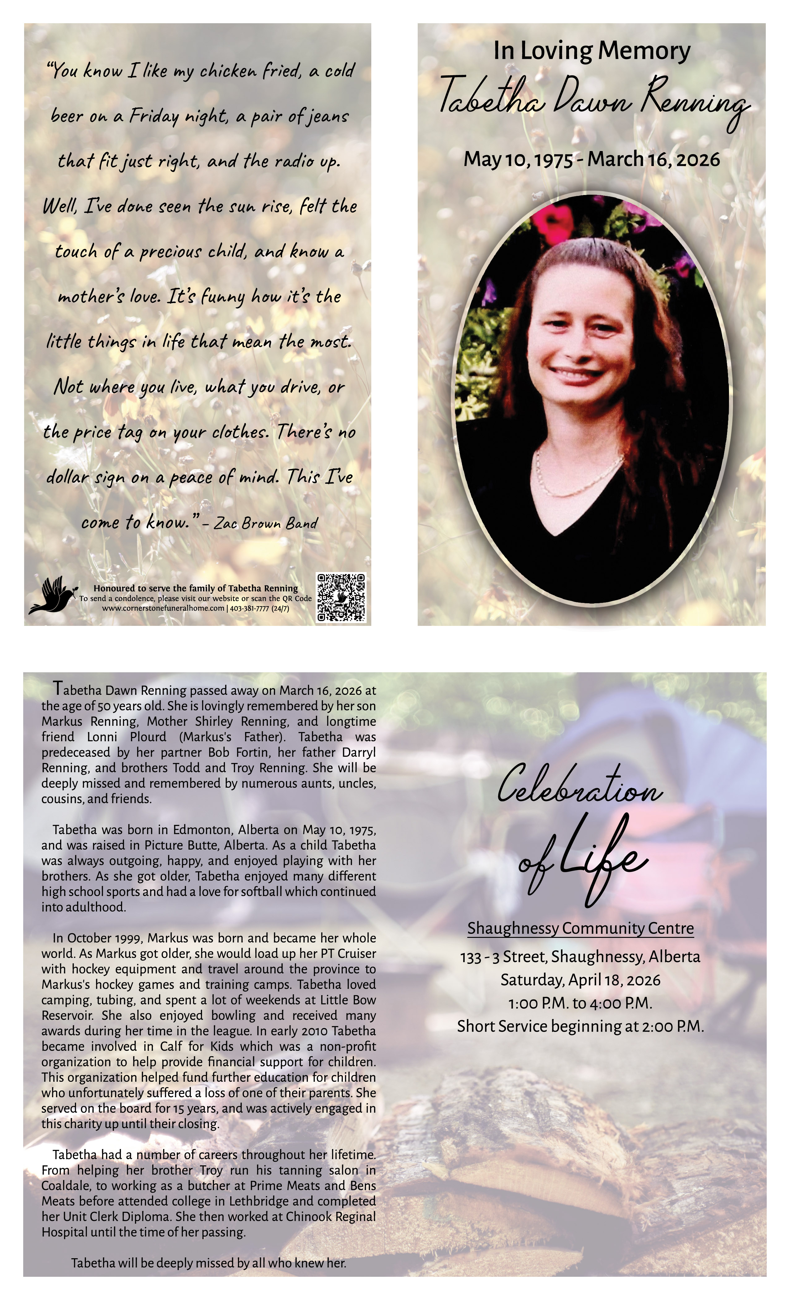 Memorial card for Tabetha Renning